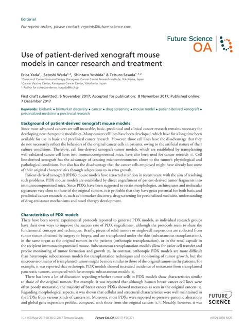 (PDF) Use of patient-derived xenograft mouse models in cancer research ...