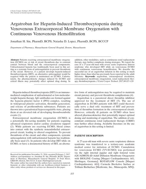 Pdf Argatroban For Heparin Induced Thrombocytopenia During Venovenous Extracorporeal Membrane