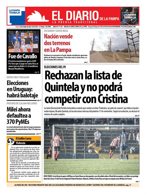 Tapa De El Diario En Papel Lunes 28 De Octubre De 2024 El Diario De