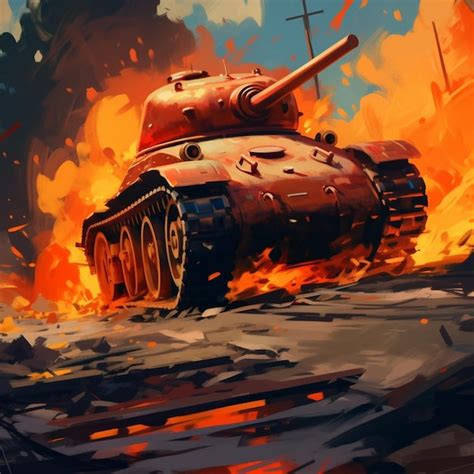 Premium Photo A Painting Of A Red Tank On Fire