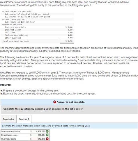 Solved West Partners Manufactures Metal Fixtures Each Chegg