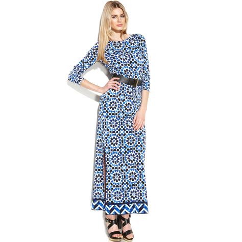 Michael Kors Michael Long Sleeve Geo Print Maxi Dress In Blue Lyst