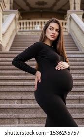 Sexy Brunette Pregnant Woman Park Summer Stock Photo
