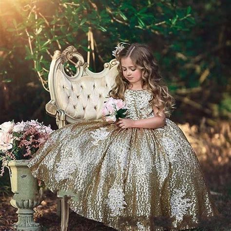 Ball Gown Gold Rose Pink Sequins Flower Girls Dresses Jewel Neck