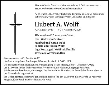 Traueranzeigen Von Hubert Wolff WirTrauern