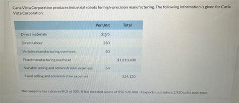 Solved Carla Vista Corporation Produces Industrial Robots Chegg