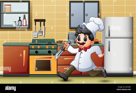 Cartoon Chef Running With A Knife In The Kitchen Stock Vector Image