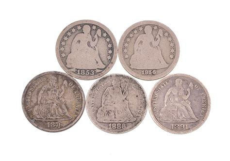 Lot - LOT OF 5 ASSORTED SEATED LIBERTY SILVER DIMES