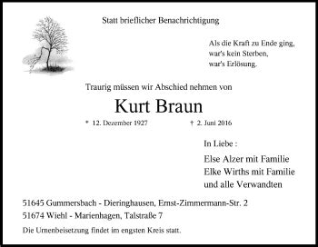 Traueranzeigen Von Kurt Braun Wirtrauern