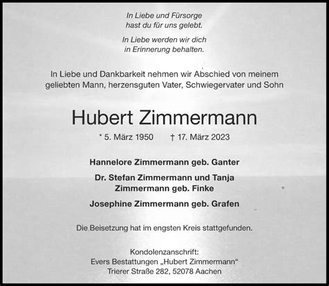 Traueranzeigen Von Hubert Zimmermann Aachen Gedenkt