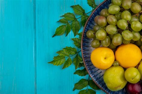 복사 공간이 파란색 배경에 접시에 Pluots Nectacots 자두와 포도로 과일의 상위 뷰 무료 사진