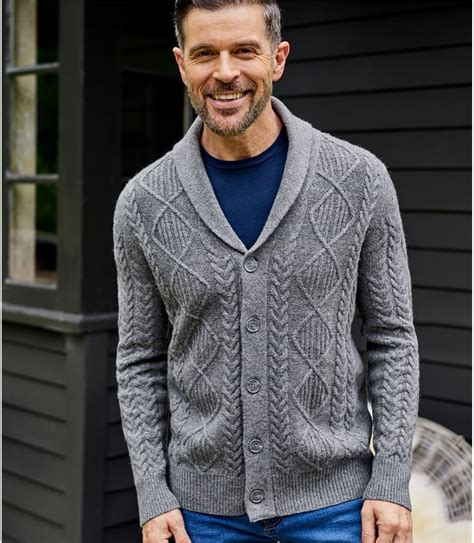 Mid Grey Mens Lambswool Shawl Collar Cable Cardi Woolovers Us