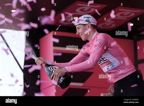 Tadej Pogacar UAE Team Emirates Pink Jersey On The Podium The Stage