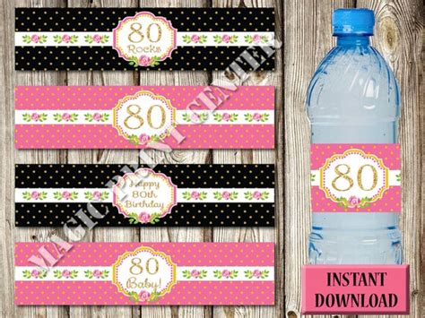 80th Birthday Water Bottle Labels Celebration French Pink