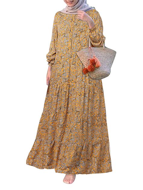 Zanzea Womens Layered Floral Printed Full Sleeve Muslim Casual Long