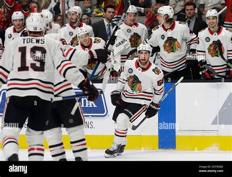 Chicago Blackhawks Defenseman Erik Gustafsson Center Celebrates With Teammates After Scoring A