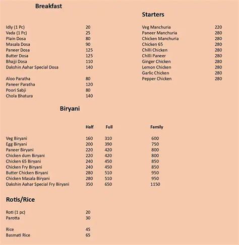 Menu Of Dakshin Aahar Railway Station Road Secunderabad