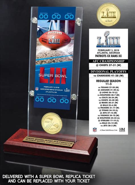 New England Patriots Super Bowl Champions Bronze Coin Ticket Acrylic