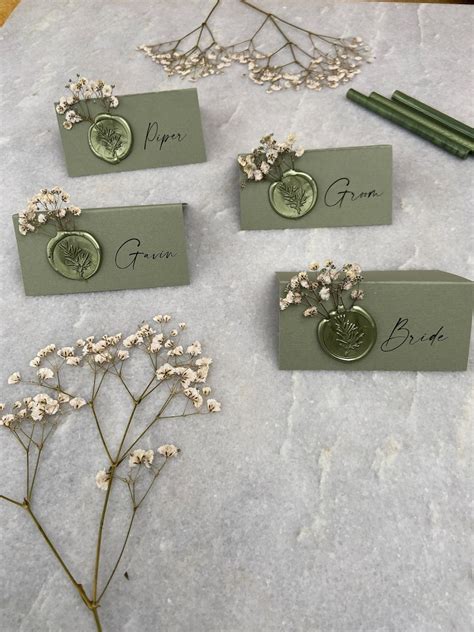 Sage Green Gypsophila Wedding Name Place Cards With Wax Seal Etsy