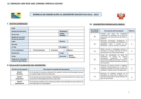 Rúbrica de observación al desempeño docente en aula 2024 docx