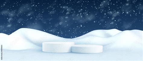 Winter landscape with snow drifts and product podium scene. 3D realistic snow background. Snow ...