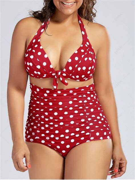 Plus Size Polka Dot Halter Pin Up Bikini Swimsuit Red Plus Size