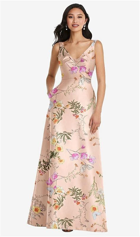 Pleated Bodice Open Back Floral Maxi Dress With Pockets A Line Gown