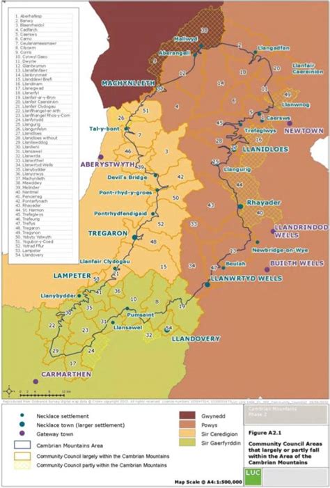 Map of the Cambrian Mountains region showing uplands, curtilage ...