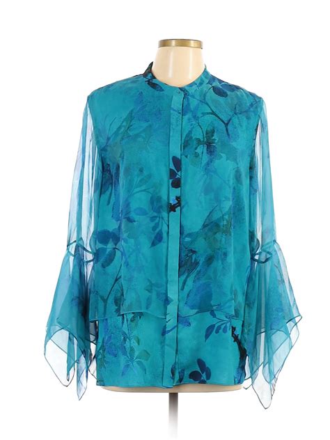 Elie Tahari 100 Polyester Floral Teal Blue Long Sleeve Blouse Size Xl