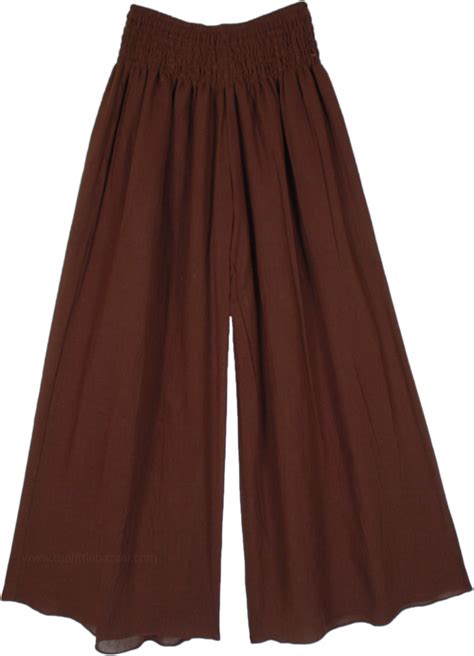 Dark Coffee Brown Palazzo Pants With Smocked Waist Brown Split Skirts Pants Vacation