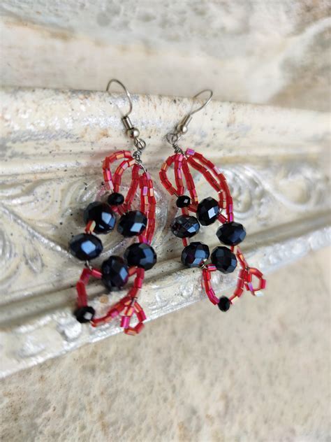 Red And Black Dangle Earrings Beaded Earrings Red Wire Etsy