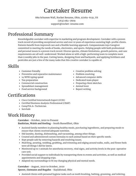 Caretaker Resumes | Rocket Resume