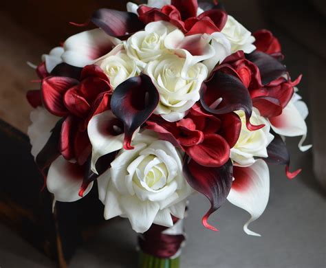 Dark Red Burgundy Bridal Bouquet Real Touch Calla Lilies Roses Etsy