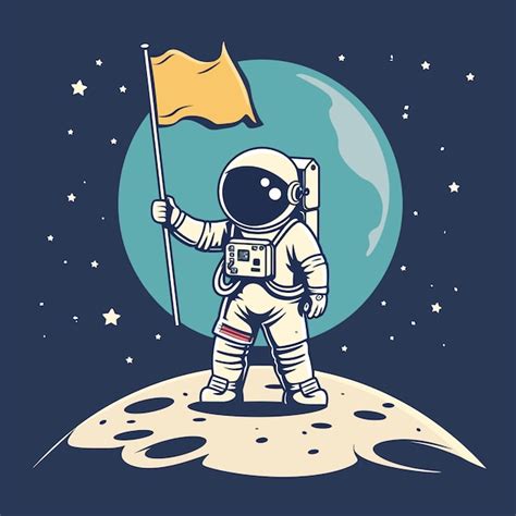 Astronauta de pé segurando bandeira na ilustração da lua vetor