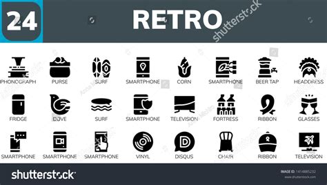 retro icon set. 24 filled retro icons. Simple - Royalty Free Stock Vector 1414885232 - Avopix.com