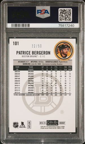 2014 O Pee Chee Platinum 101 Patrice Bergeron Seismic Gold 50 PSA 9 MCP