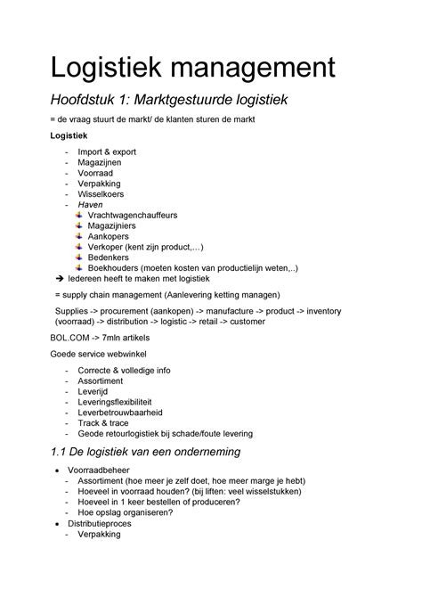 Samenvatting Werken Met Logistiek Compleet Logistiek Management