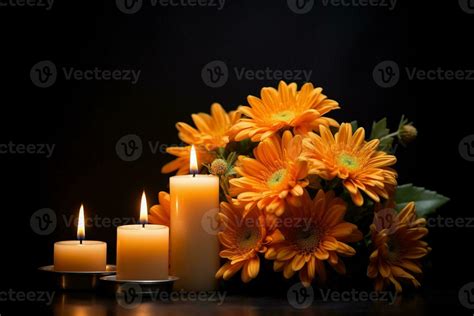 Beautiful flowers and candles on black background.Funeral Concept AI ...