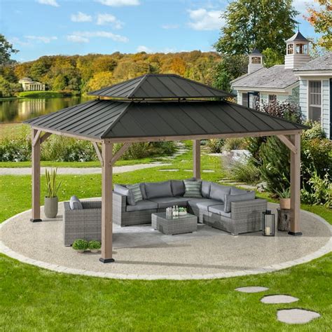 Sunjoy Archwood 13x15 Ft Wooden Patio Solid Hardtop Outdoor Gazebo