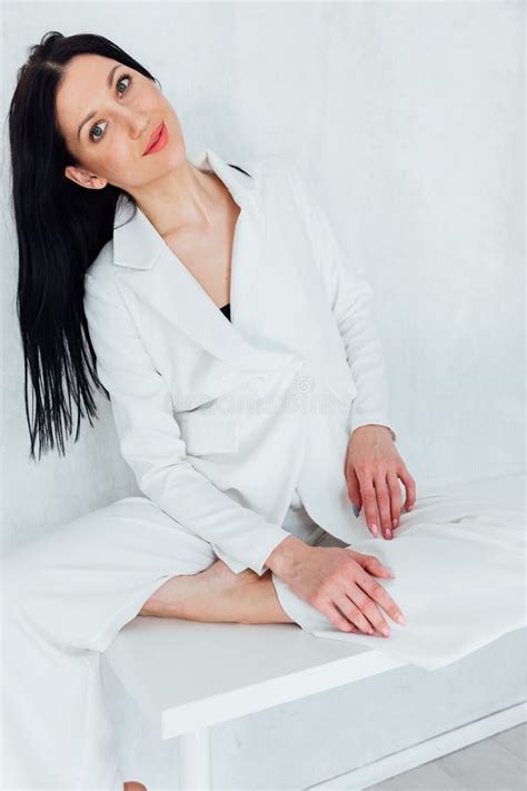 Beautiful Slim Fashion Brunette Woman In White Business Suit Stock Photo Image Of Business