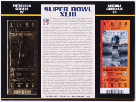 Commemorative Super Bowl Xliii Card With Ticket Steelers Vs