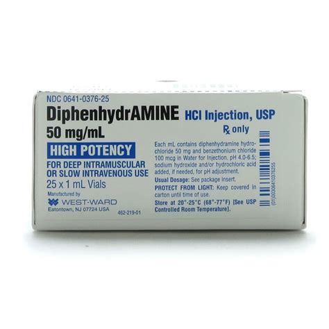 Diphenhydramine HCl Injection 50 Mg ML Single Dose Vial 1 ML 25 Tray