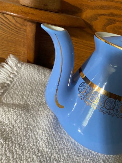 Vintage Hall Pottery Teapot Wlid Blue Gold Lined 069x Etsy