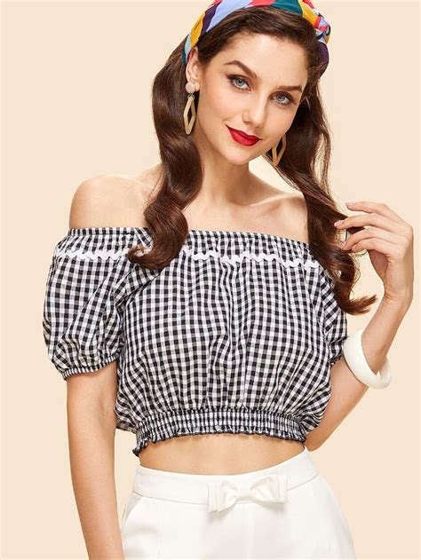 Wave Lace Trim Gingham Bardot Top