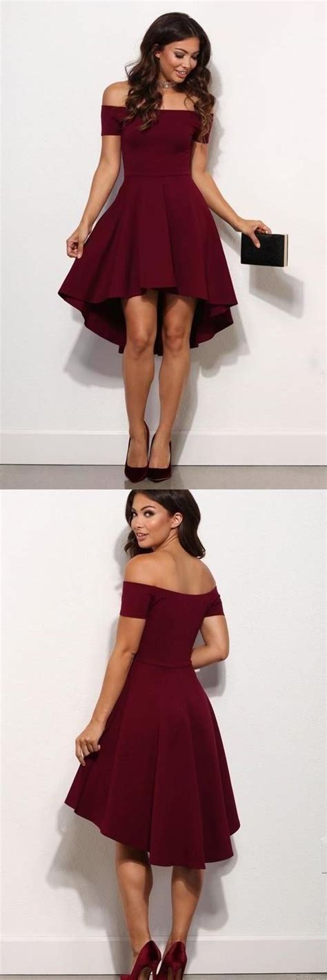 Short A Line Burgundy Off The Shoulder High Low Knee Length Satin