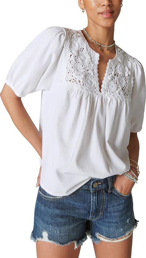 Lucky Brand Crochet Short Sleeve Peasant Top Bright White Xs Us 0 2 Clothing