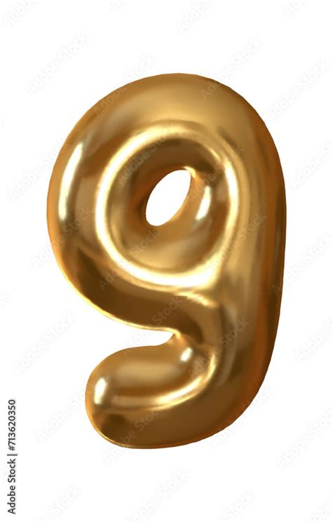Gold metal number 9 realistic 3d design. 9 number on a white background ... 