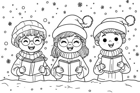 Adorable Kids Singing Christmas Carols Coloring Page Premium Ai