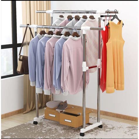 Portable Double Pole Clothes Hanger Rack Adjustable Height