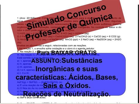 Simulado sobre Substâncias Inorgânicas e suas características Ácidos